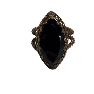 Oval Cut Black Glass & Braided Split Shank Adjustable Brass Ring